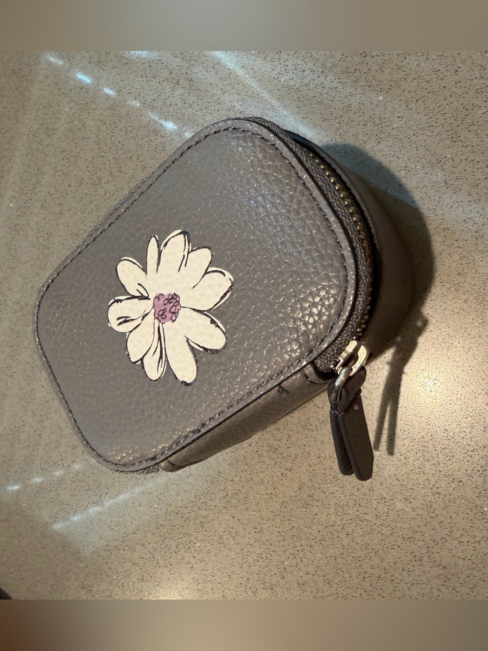 Vera Bradley Mini Gray Zipper Case with White Floral Appliqué and Pink Center